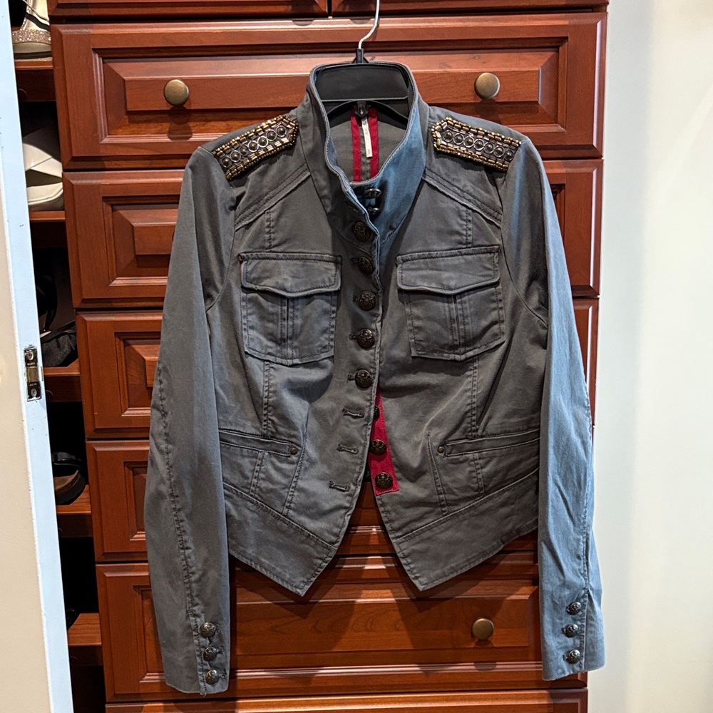 NWT Free People Gray/ Green Utility Jacket with Embellished Shoulders